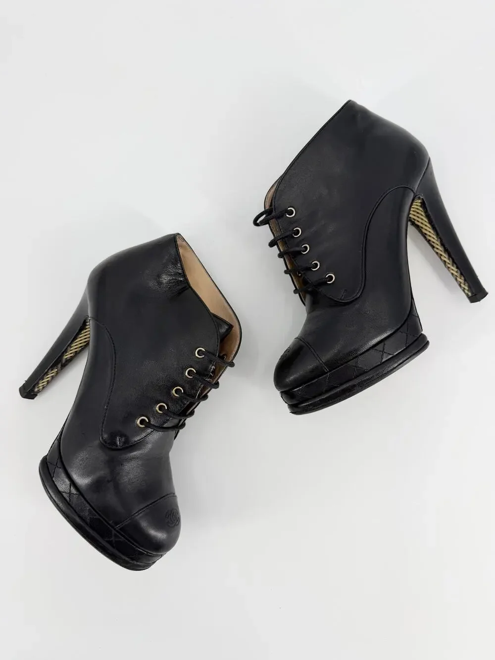 Chanel 2012 Archival Quilted Leather CC Lace Up Platform Booties Size 37 EU 6.5